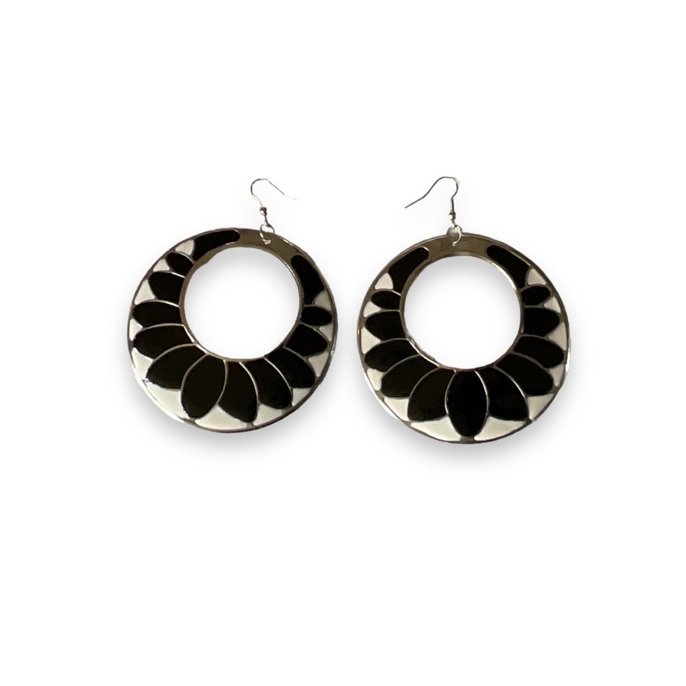 Earrings Round Hoops Black White Large Geometric Lightweight Metal Floral 2.5”